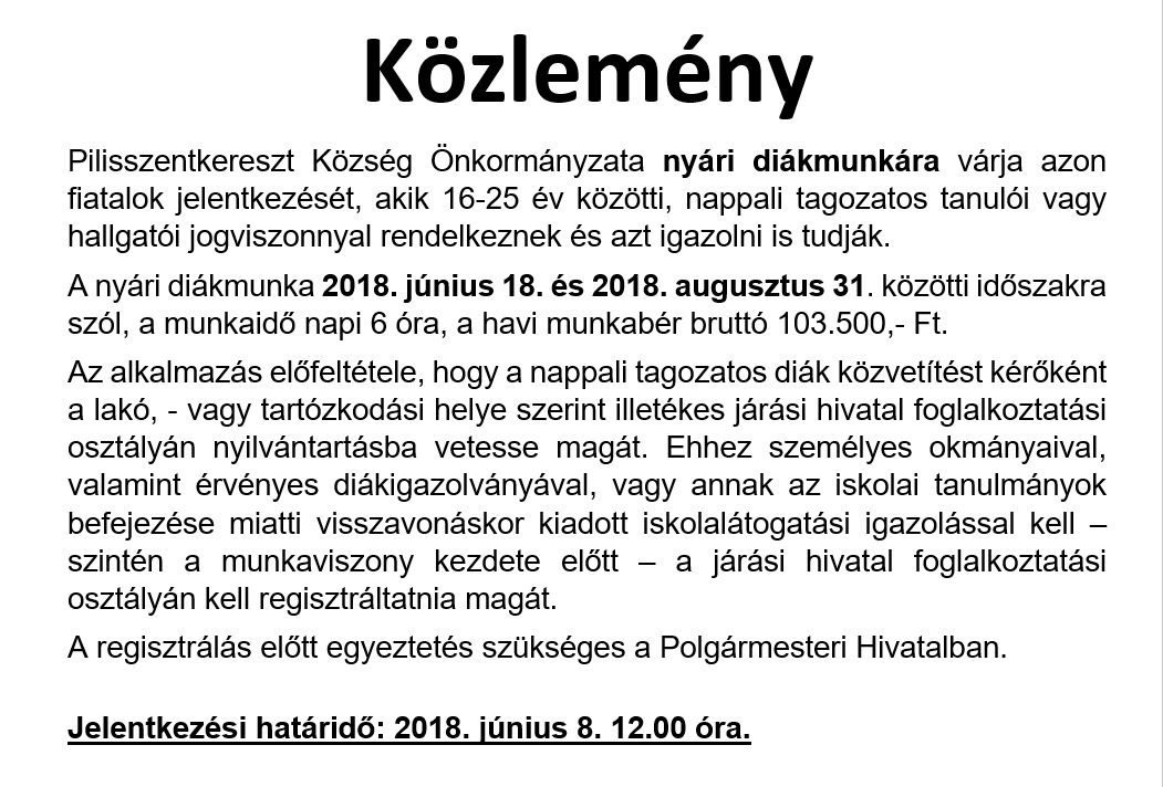 közlemény - nyári diákmunka