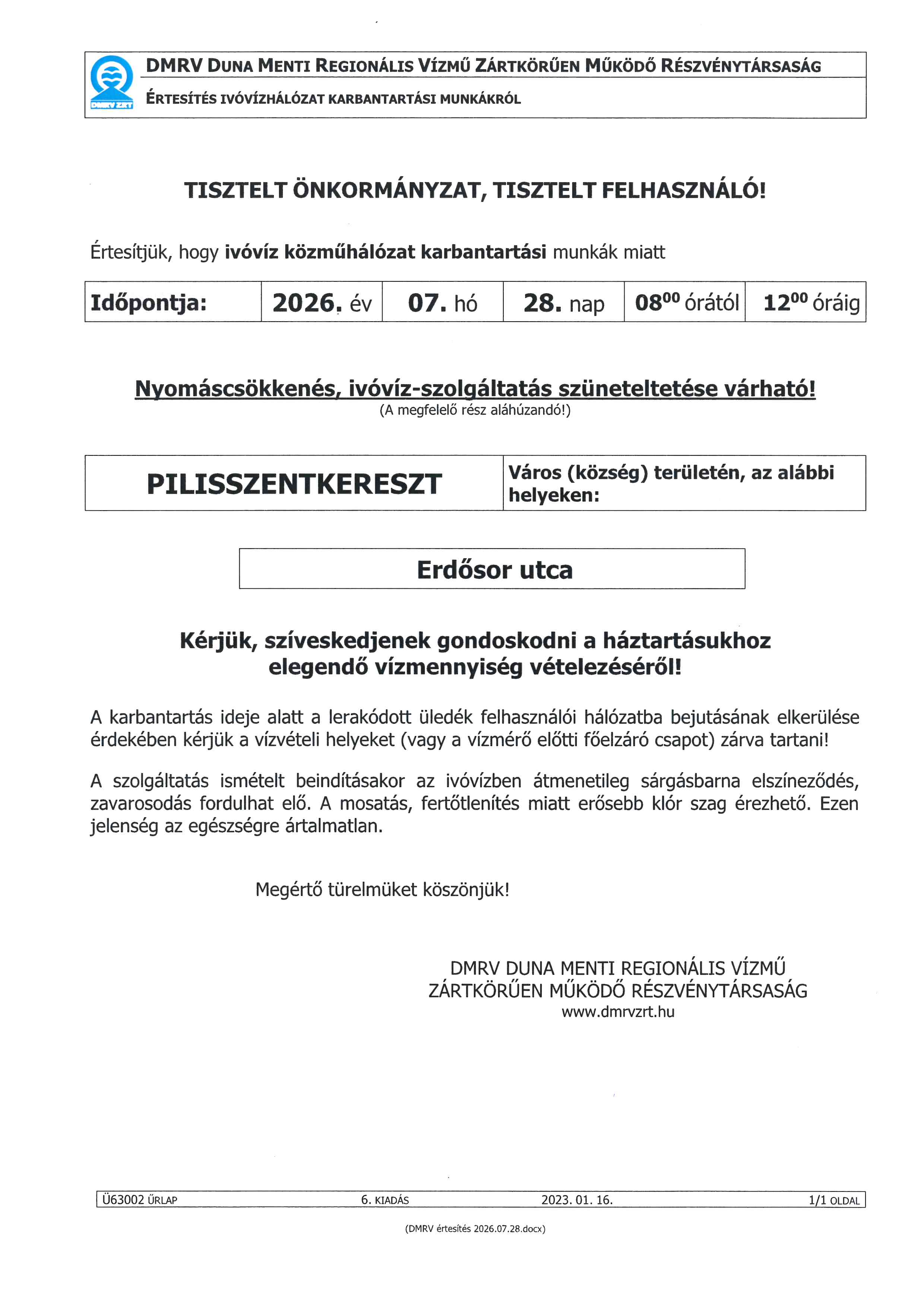 erdősor utca vízkorláátozás